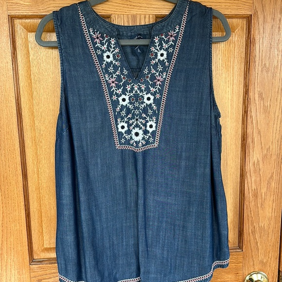 J. Jill Denim Chambray Tank with Floral Embroidered Trim - Picture 1 of 4